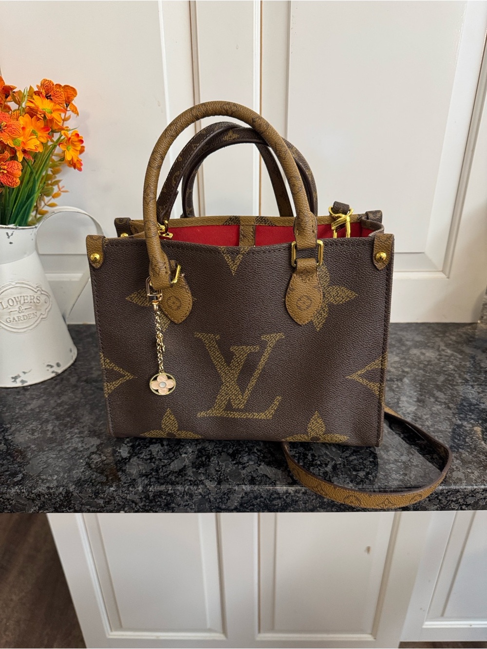 Designer inspired Brown Monogram Satchel with Red Interior